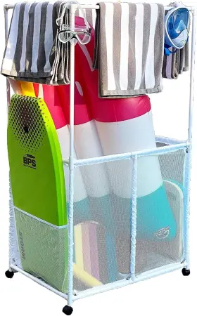 Essentially Yours 840140390209 Pool Equipment Holder With Towel Drying Bars Mesh Rolling Poo